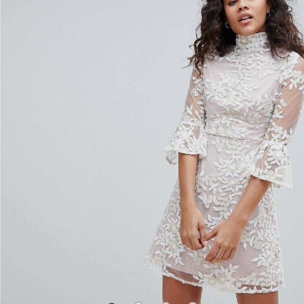Fairy Illusion floral embroidered dress bell sleeves ruffle 
Mock neck flowers 6